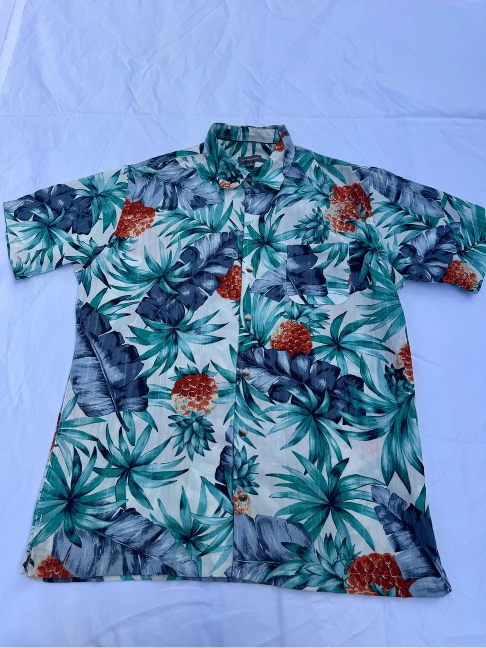 Van Heusen Short-Sleeve Tropical Print Shirt in Teal, Navy, and Coral